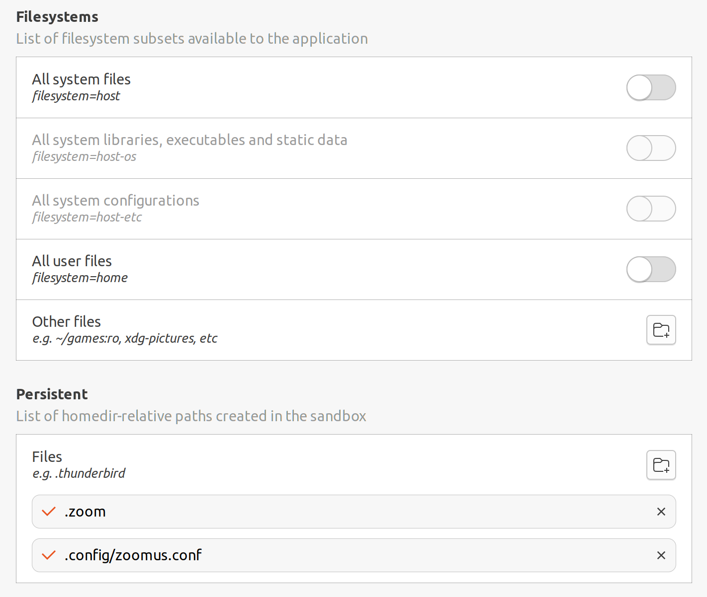 Zoom-client-Flatseal-config-Filesystems.png Zoom config in Flatseal part 3